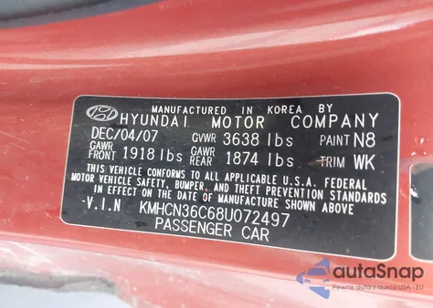 2008 Hyundai Accent Se из США, поврежденный, VIN KMHCN36C68U072497